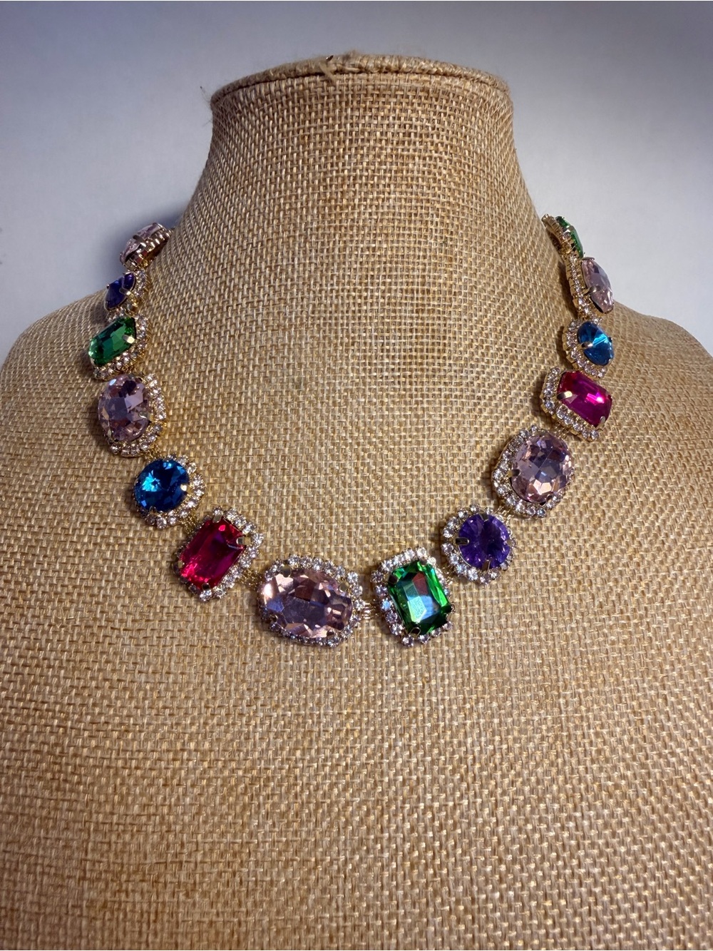 Eye Candy Gold Tone Pink, Blue, Green & Purple Faceted Crystal And Pave Necklace - Picture 3 of 10